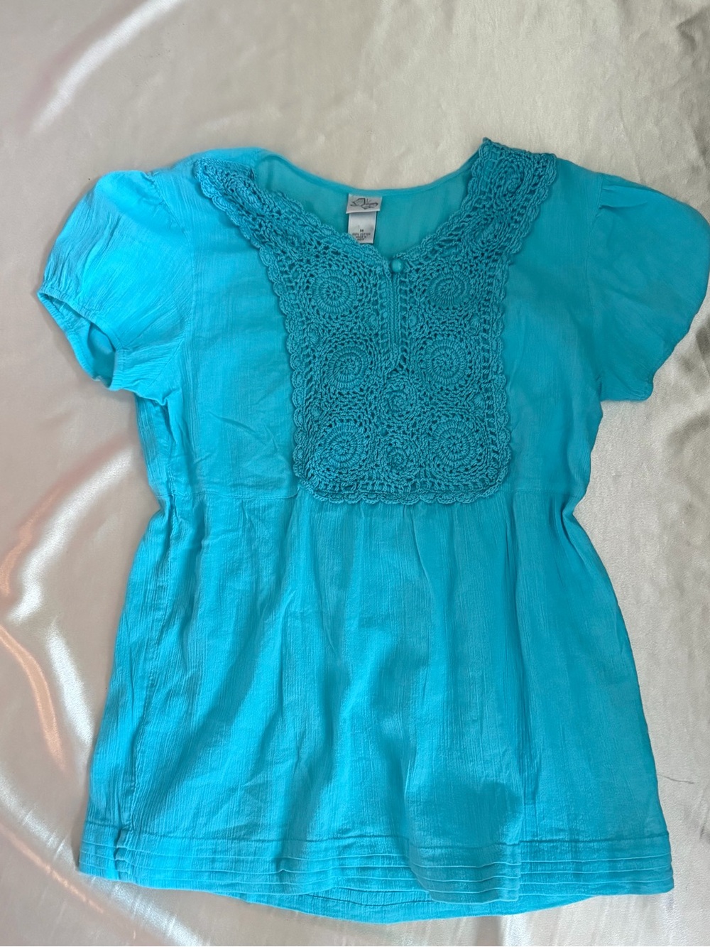 Butterfly Women Bright Blue Crochet Trimmed Cotton Short Sleeve Blouse Sz.M Y2k - Picture 2 of 9